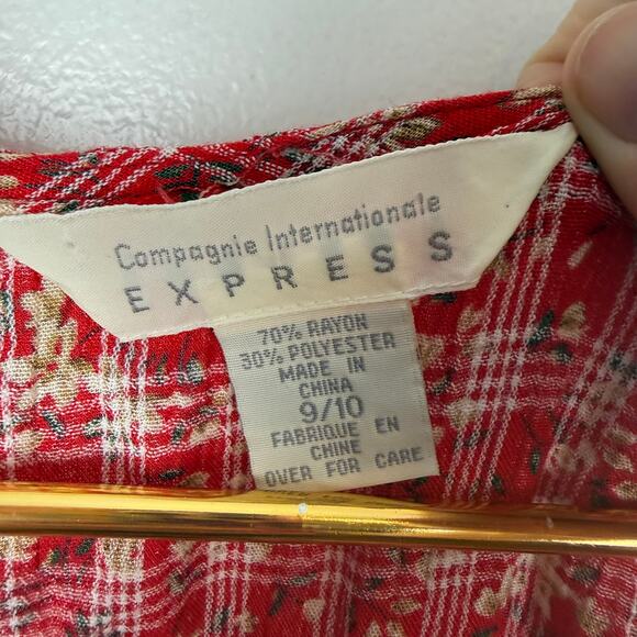 Vintage 90s Express Red Romper Jumpsuit Button Front Pockets Plaid Floral 9/10 M - Picture 6 of 8